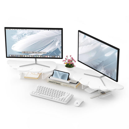 AFOOYO Dual Monitor Stand Riser, Wing-Shaped Sturdy Desktop Wood Stand for 2 Monitors, White Riser for Laptop, PC, Computer