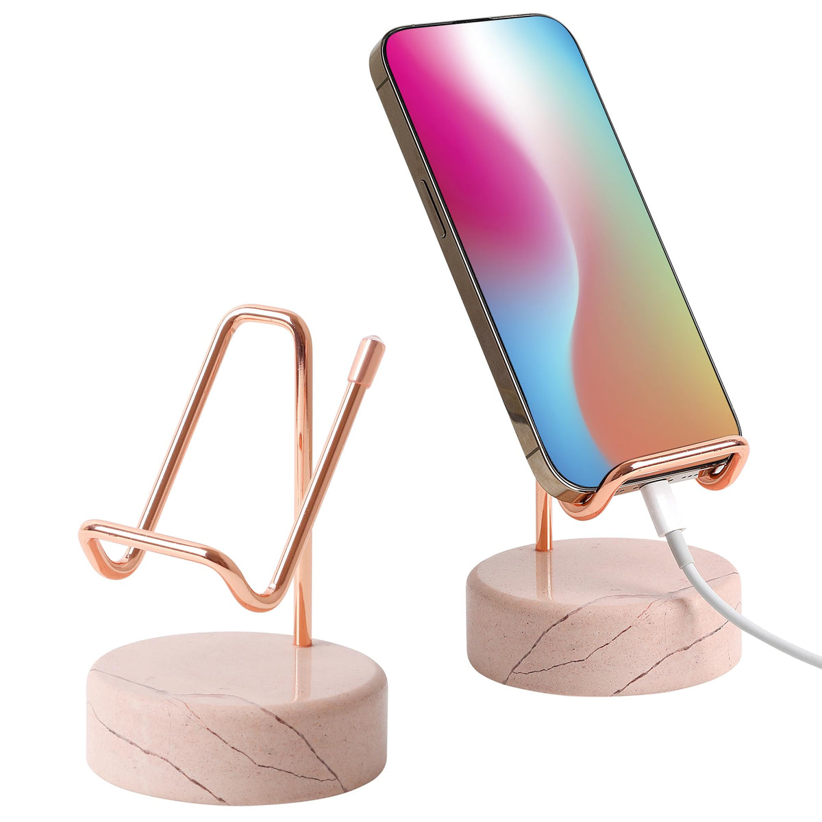 TransMarble Marble Phone Stand with Metal Holder, Charging Available While Using, Swipe Up to Unlock, Made of Natural Marble as Business Card Holder for Office Desk (Starry White + Gold)