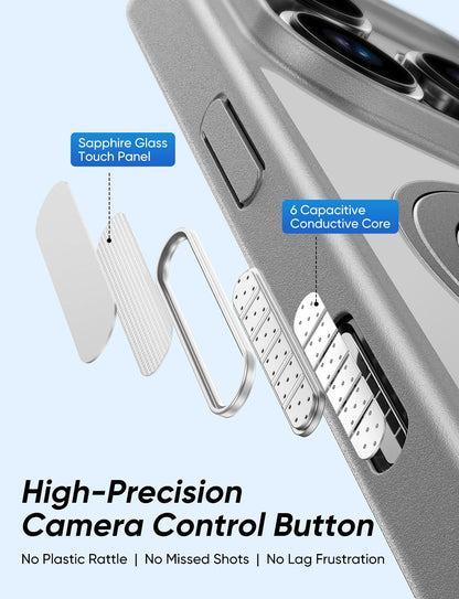 MAGIC JOHN 360° Rotatable Magnetic Invisible Stand for iPhone 16 Pro Case [Camera Control Button] [Compatible with MagSafe] 16FT Shockproof for iPhone 16 Pro Case with Kickstand, Gray