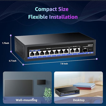11-Port PoE Gigabit Switch, 8 PoE+ Port, 2 Gigabit Uplink, 1 SFP Port, 120W AI Detection, Qos, Fanless Metal Plug & Play Unmanaged Network Switch