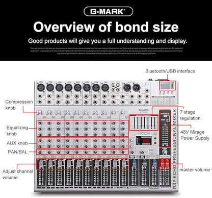 G-MARK GMX1200 DJ Mixer 12 Channel Professional Audio Mixer USB Mixing Console Music Studio 8 Mono 4 Stereo 7 Band EQ 16 Effect Podcast Streaming Audio Interface