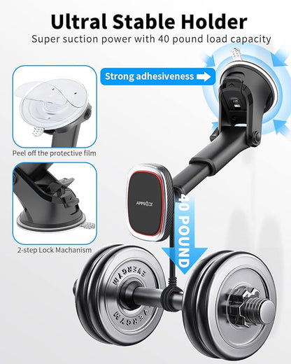 APPS2Car Magnetic Phone Mount, Dashboard Windshield Suction Cup Car Phone Holder Phone Mount with 6 Strong Magnets, Adjustable Telescopic Arm, Compatible with iPhone/Pro/Max/All Smart Phones