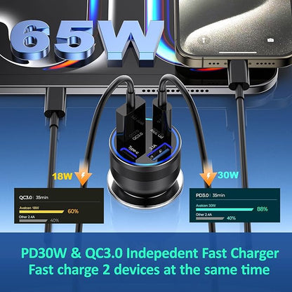 Car Charger USB C, 2Pack 4-Port 65W Cigarette Lighter USB Charger Fast Charging,Dual USB-C & USB-A Car Phone Charger Adapter Accessories for iPhone 16e 16 15 14 13 Pro Max,iPad,Samsung,Tablet,Android