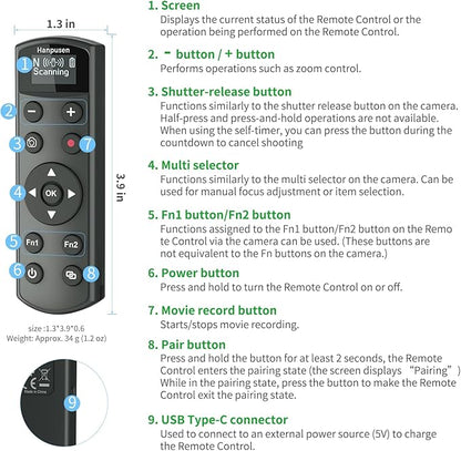for Nikon Rechargeable Shutter Release,Wireless Camera Remote Control Compatible with P1000,P950,B600,A1000,Z6 II,Z30,Z50,Z5,Z7 II,Z fc,Z f,Z6 III,Z50 II,P1100,Z5II Replaces Nikon ML-L7