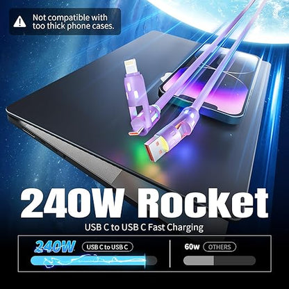 USB C Cable,240W 4 in 1 Charging Cable 4FT,Charging Cable Fast Charging & Data Sync,Multi USB Cable with Breathing Light,Charger Cord for iPhone 16/15 14 Samsung MacBook iPad Tablets,Purple