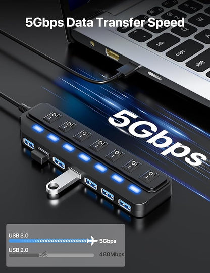 USB Hub 7 Port,USB 3.0 Hub Splitter with Individual On/Off LED Switches, USB Hub for PC 5Gbps HighSpeed Data for Laptop, MacBook, Mac Pro, Mac mini, iMac, Surface Pro and More