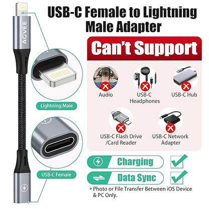 AGVEE 2 Pack 4 inch USB-C Female to Lightning Male Adapter, 30W Fast Charging Charger Converter for iPhone 14 13 12 11 Airpods iOS Device Carplay, Not for Audio, Dark Gray