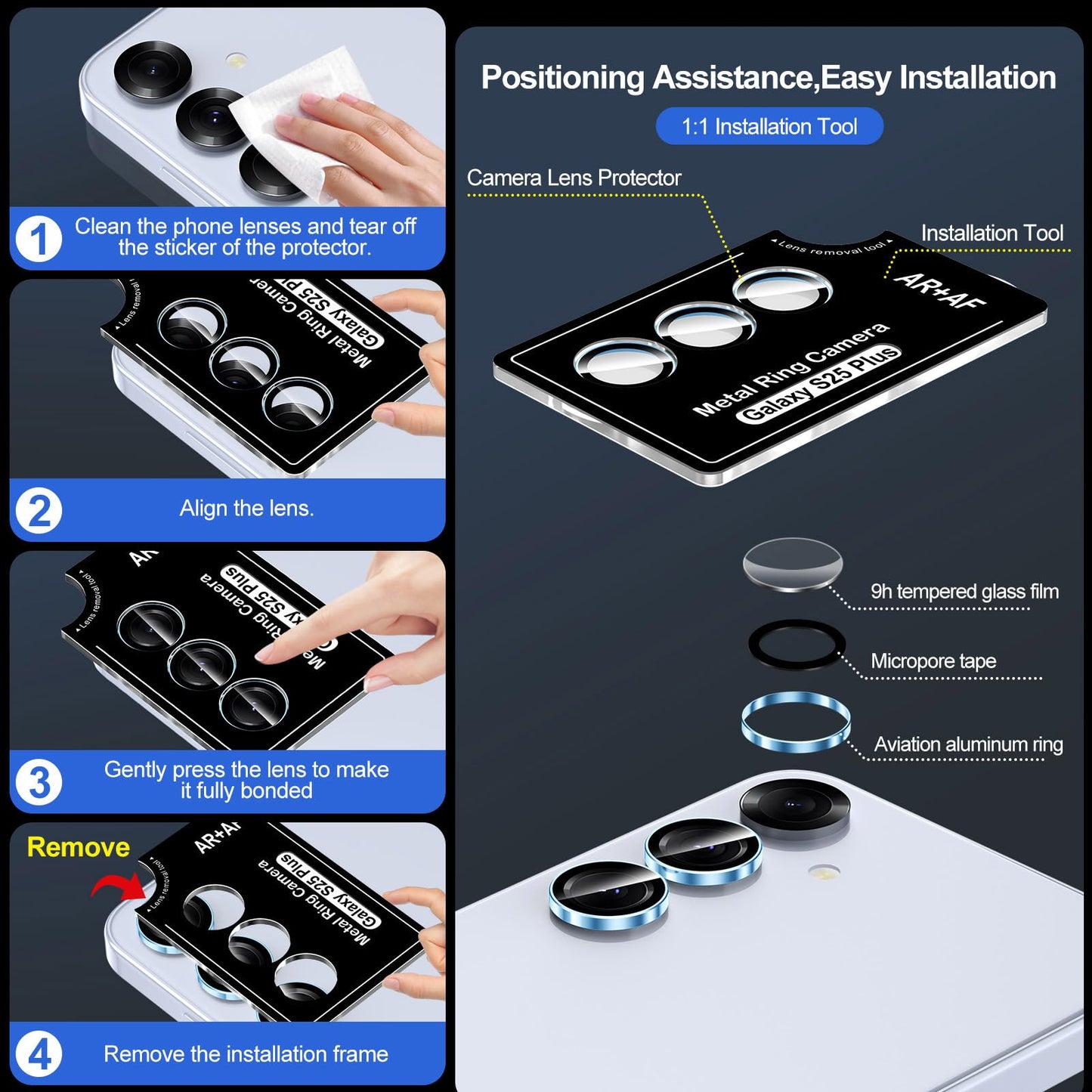 Avocase for Samsung Galaxy S25 Plus Camera Lens Protector, Individual Metal Ring Tempered Glass Lens Cover, [Strong Adsorption] Scratch Resistant Ultra-Thin HD Clear Lens Cover, 1 Set-Blue Ring