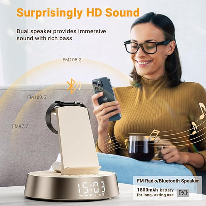 Alarm Clock with Wireless Charging Station, Clock for Bedroom with Dimmable Night Light Bluetooth Speaker, Wireless Charger Dock Station for iPhone 17 16 15 14 13 12 Pro Max, Apple Watch