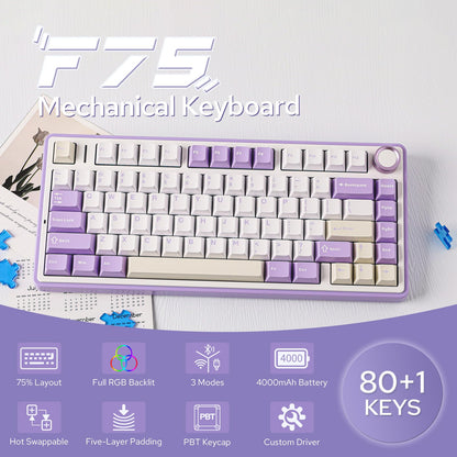 EPOMAKER x Aula F75 Gasket Mechanical Keyboard, 75% Wireless Hot Swappable Gaming Keyboard with Five-Layer Padding&Knob, BT/2.4GHz/USB-C, RGB (Purple, LEOBOG Reaper Switch)