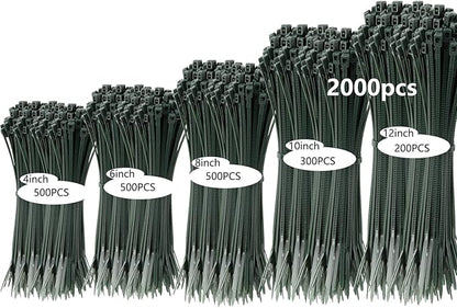 2000 PCS Zip Ties Assorted Sizes 4+6+8+10+12 Inch Self-locking Nylon Cable ties Outdoor, UV Resistant Wire Straps for Home Office Garden Workshop Indoor Outdoor Fence(garden green)