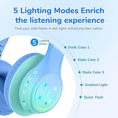 EarFun K4 Kids Bluetooth Headphones, Wireless Headphones with LED Lights, 74/85/94dBA Volume Limited, Built-in Mic, 90H Playtime, Bluetooth 5.4 Over Ear Headphone for iPad/Tablet/PC/School (Green)