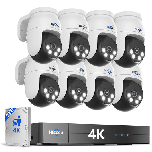 Hiseeu 3K Outdoor Wired Security Camera System with 8CH 5MP DVR,8 x 5MP PTZ CCTV Cameras,360°Coverage,Smart Dual Light & Audio,Person/Vehicle Detection,3TB HDD,100ft Night Vision,24/7 Recording
