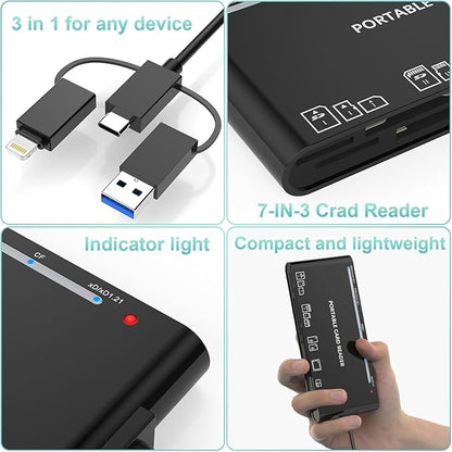 Memory Stick Pro Duo Adapter, Memory Card Reader for MS/XD/CF/SD Card - 7-in-1 Card Reader/Adapter for Windows, Mac, iOS, Android(USB-A + USB-C + Lightning)