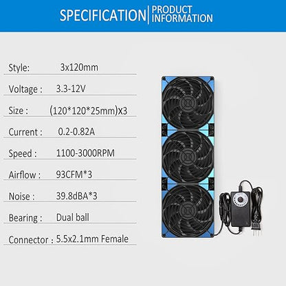 120mmx3 360mm Adjustable Computer PC Vent Fans 3-12V Speed Controller for Chicken Coop Rack Space Window Wall Cabinet Server Mining Rig Exhaust Cooling