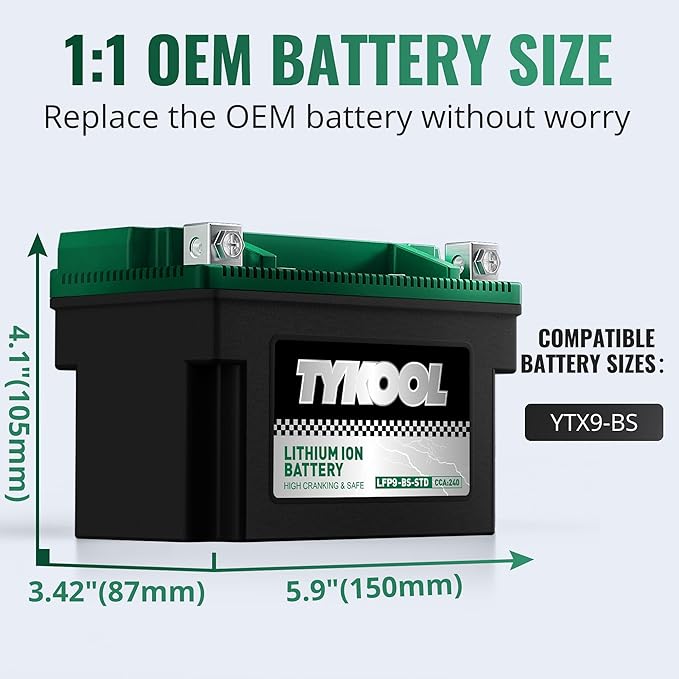 TYKOOL YTX9-BS -STD 240CCA Lithium LiFePO4 Motorcycle Battery,2X Cranking Amps,5X longer life,Powersports battery,for Scooter,ATV,UTV (Polaris 150cc),BMW (310cc,650cc,1000cc),Honda,Kawasaki