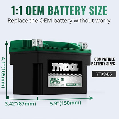 TYKOOL YTX9-BS -STD 240CCA Lithium LiFePO4 Motorcycle Battery,2X Cranking Amps,5X longer life,Powersports battery,for Scooter,ATV,UTV (Polaris 150cc),BMW (310cc,650cc,1000cc),Honda,Kawasaki
