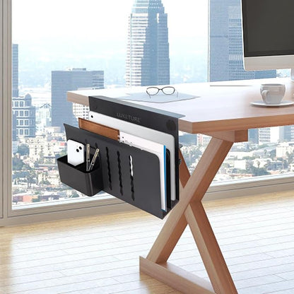 LUKETURE Laptop Holder, Steel Desk Side Storage, No Drill Standing Desk Accessories, Clamp on Laptop Mount with Pen Holder, Fits Flat Edge Tables 0.3" to 2.8" (Black, L(2 Tier))