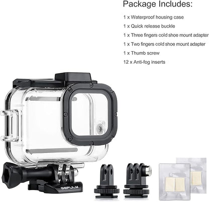 Waterproof Housing Case for GoPro Hero 8 Black - 60M(196ft) Protective Underwater Diving Shell Mount with 2 Cold Shoe Adapters Bracket Accessories Action Camera