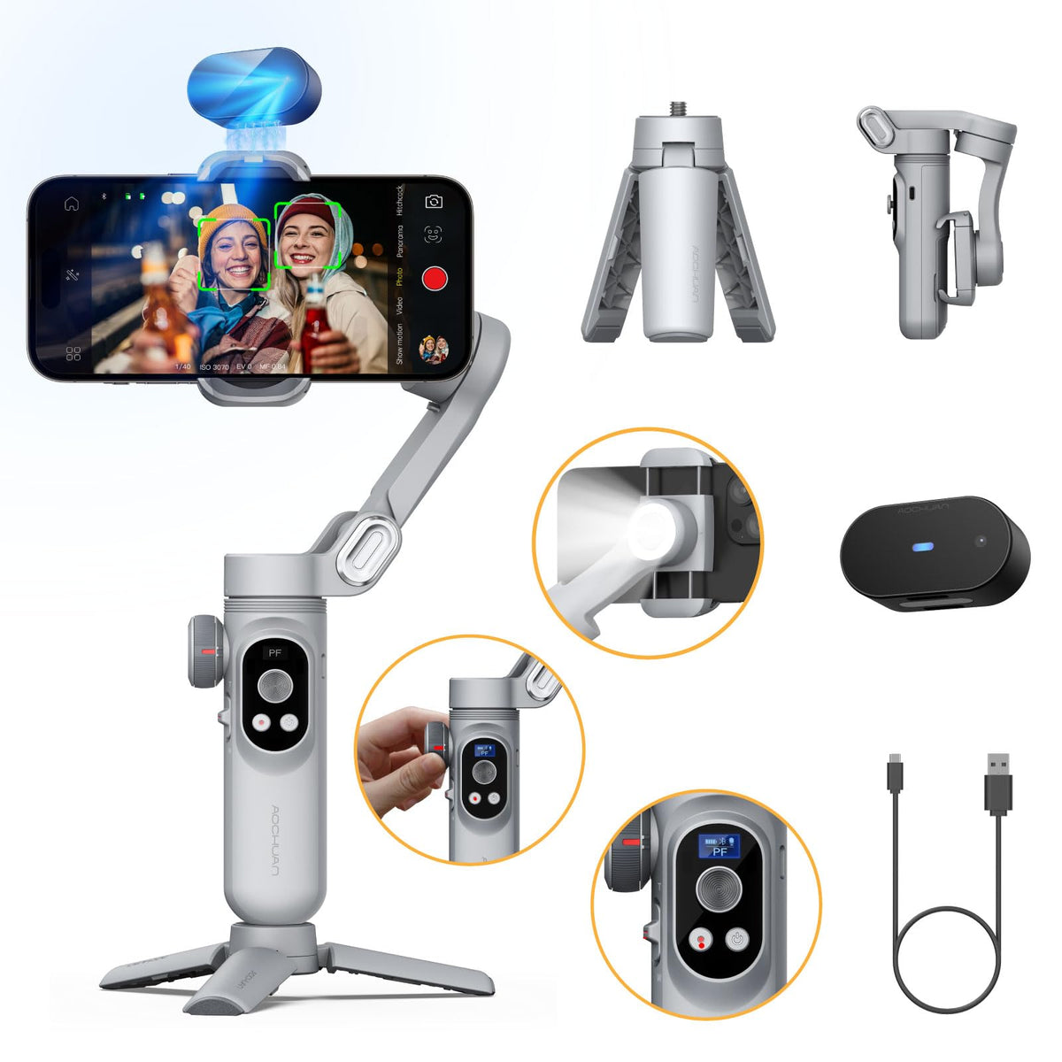 AOCHUAN iPhone Gimbal, 3-Axis Gimbal Stabilizer for Smartphone w/RGB Magnetic Fill Light Portable with Fous/Zoom Wheel for Vlog, Compatible with iPhone 15 Pro Max/Android-Smart X Pro Kit Gray