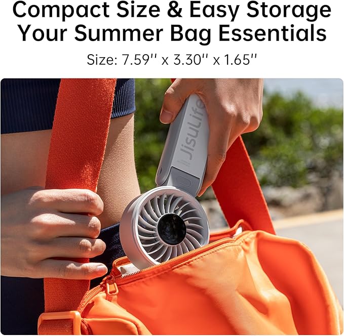JISULIFE Handheld Fan Life7 – Ultimate Flexibility: High-Power Motor, LED Display, 19.5 Hrs Cooling, 5000mAh Rechargeable, 5-Speed, Foldable Design, 3-IN-1 Portable Fan for Travel Cruise Beach(Grey)