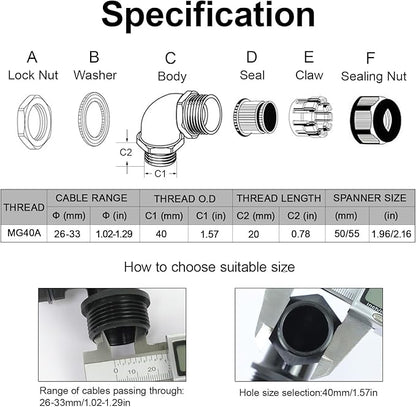 LeMotech M40 Cable Gland, 90 Degree Adjustable 26-33mm Cable Range Strain Relief, Cord Connectors Nylon Joints with Gaskets, 2 Pcs, Black