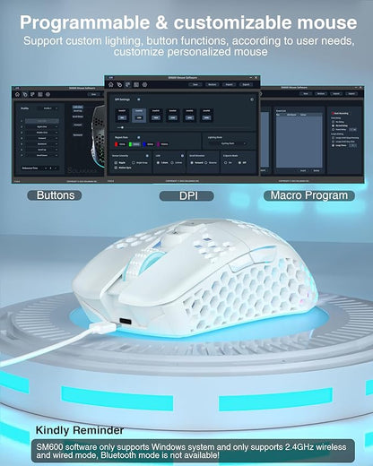 SM600 White Wireless Gaming Mouse,8000 DPI Tri-Modes BT5.1/Type-C Wired/2.4G Wireless Mouse with 2 Side Buttons, Programmable Macro Gamer Mouse with RGB Light for Laptop/PC/Mac