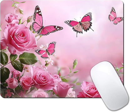 Cute Butterfly Pink Rose Flower Custom Mouse Pad with Non-Slip Rubber, Small Square Design for Wireless Laptop & Computer Mouse Pads for Desk, 9.5 x 7.9 inch Smooth Surface for Gaming & Office