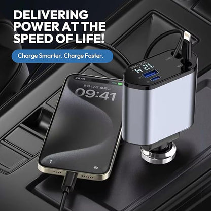120W Retractable Car Charger 4-in-1 USB-C & Lightning Cable – Fast Charging Adapter for iPhone 16/15/14, Samsung, Android | USB Type-C Port + LED Voltage Display | Multi-Device Car Charger