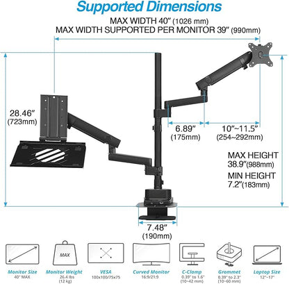 AVLT Laptop & 40 Inch Monitor Arm Pole Top Mount With USB-C USB-A Ports-Black, VESA Compatible, Supports 26.4 lbs (12 kg), Ultrawide Screen Fit, Adjustable Height, Tilt Swivel Rotate, Cable Management