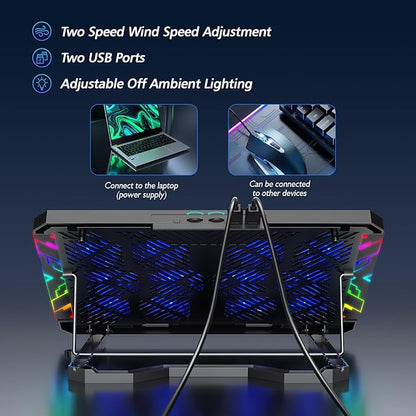Laptop Cooling Pad with 12 Quiet Fans, Slim Portable for 12-17.3 Inch Laptop Cooler Stand with 5 Height Adjustable, Ergonomic Gaming Cooling Fan Pad with Two USB Ports & Phone Holder (Gear)