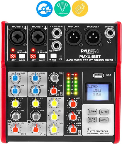 Pyle Studio Audio Sound Mixer Board - 4 Channel Bluetooth Compatible Professional Portable Digital DJ Mixing Console W/USB Mixer Audio Interface - Mixing Boards for Studio Recording