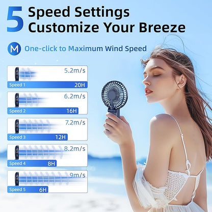 【SUPER THIN】 Portable Handheld Fan, 2025 Upgraded Strong Airflow, 20Hrs Runtime, 5000mAh, 180° Foldable, 5 Speeds, 3-IN-1 Mini Hand/Desk/Neck Fans, Travel Essentials Gifts for Women, Men