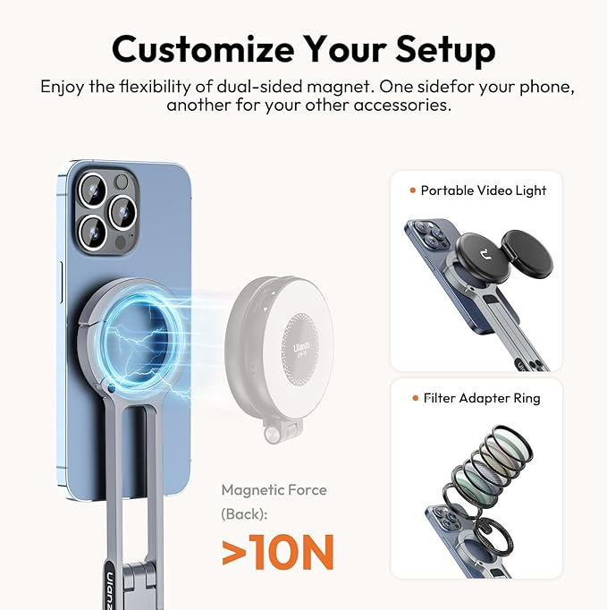 ULANZI MA30 Magnetic Phone Tripod Stand for iPhone - Aluminium Maglock Smartphone Mini Tripod Pocket Cell Phone Stand Strong Magnet Quick Mount Compatible with iPhone 16 15 14 13 12 Series, Silver