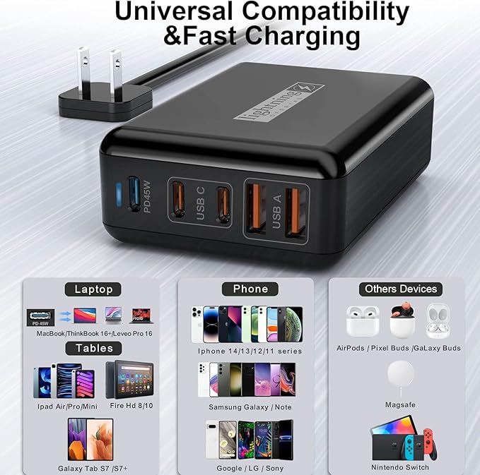Fast Charger USB C 100W, 5 Ports Charging Blocks Ultra Thin Flat Plug, USB Charging Hub with 360° Rotated Adhesive Punch-Free Holder, Charging Station for Laptops, Tablets, Cellphones Stuff