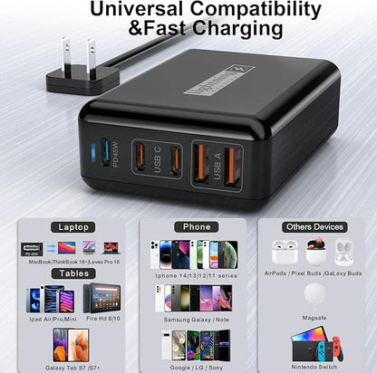 Fast Charger USB C 100W, 5 Ports Charging Blocks Ultra Thin Flat Plug, USB Charging Hub with 360° Rotated Adhesive Punch-Free Holder, Charging Station for Laptops, Tablets, Cellphones Stuff