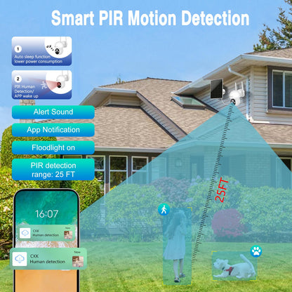 CKK 2.5K 4pcs Solar Security Camera System Wireless Outdoor with 128GB Card,360PTZ, PIR Motion Detection, Color Night Vision, 2-Way Talk, IP66 Waterproof, Audible & Floodlight Alarm for Home and Yard