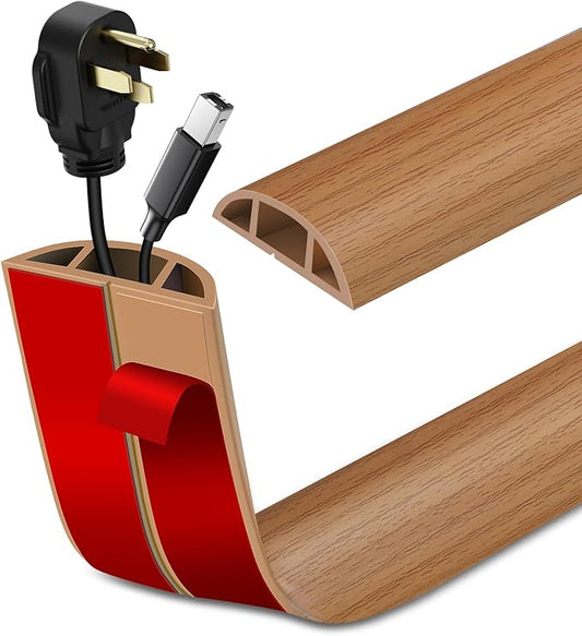 Floor Cord Cover Self Adhesive Cord Hider Floor Extension Cord Covers for Floor Power Cord Protector Cable Management Prevent Cable Trips Cable Cavity 0.51" W x 0.31" H (Light Brown Wood, 10Ft)