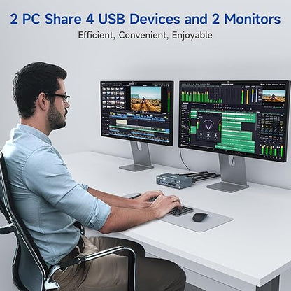 HDMI Displayport Hybird KVM Switch 2 Monitors 2 Computers 8K@60Hz 4K@144Hz, Aluminum Dual Monitor KVM Switches for 2 PC Share 2 Monitor and 4 USB Devices, Support Extended/Copy Mode,Cables Included