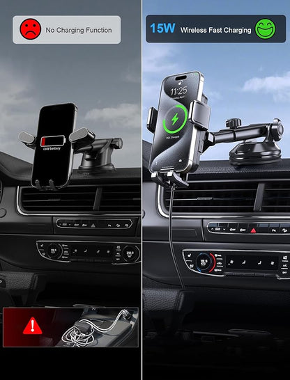 Wireless Car Charger, MOKPR 15W Fast Charging Auto Clamping Dashboard Windshield Air Vent Car Phone Holder Car Charger for iPhone 16 15/14/13/12 Pro Max Plus, Samsung S23/S22/S21,etc