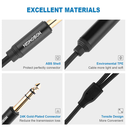 HOSONGIN 1/4 inch TRS to Dual 3.5mm Female Y Cable, 1.5ft, Black Copper Wire & Gold Plated Connectors, Compatible with Headphones