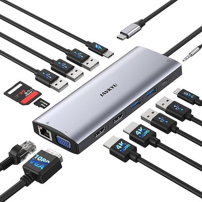 Laptop Docking Station Dual Monitor,14 in 1 USB C Docking Station fo dell hp USB C Hub Multiport Adapter with 2HDMI 4K+VGA+Ethernet+5USB+1USB C+100W PD+SD/TF+Audio,USBC Dock Dongle for Windows Laptop