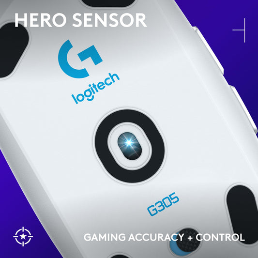 Logitech G305 Lightspeed Wireless Gaming Mouse, Hero Sensor, 12,000 DPI, Lightweight, 6 Programmable Buttons, 250h Battery, On-Board Memory, Compatible with PC, Mac - White