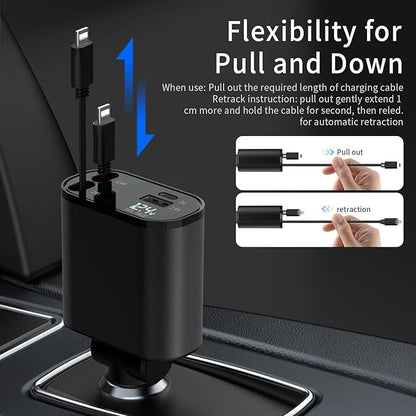Retractable Car Charger Compatible with iPhone 16, 4 in 1 Fast Charging 60W, Car iPhone Charger with Car Retractable Cable and 2 USB Ports for iPhone 15 14 13 12