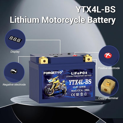 YTX4L-BS Lithium Motorcycle Battery, ATV Battery 12V 2.5AH 250CCA Compatible with Scooter, Snowmobile, Jet Ski, Scooter, PWC & More