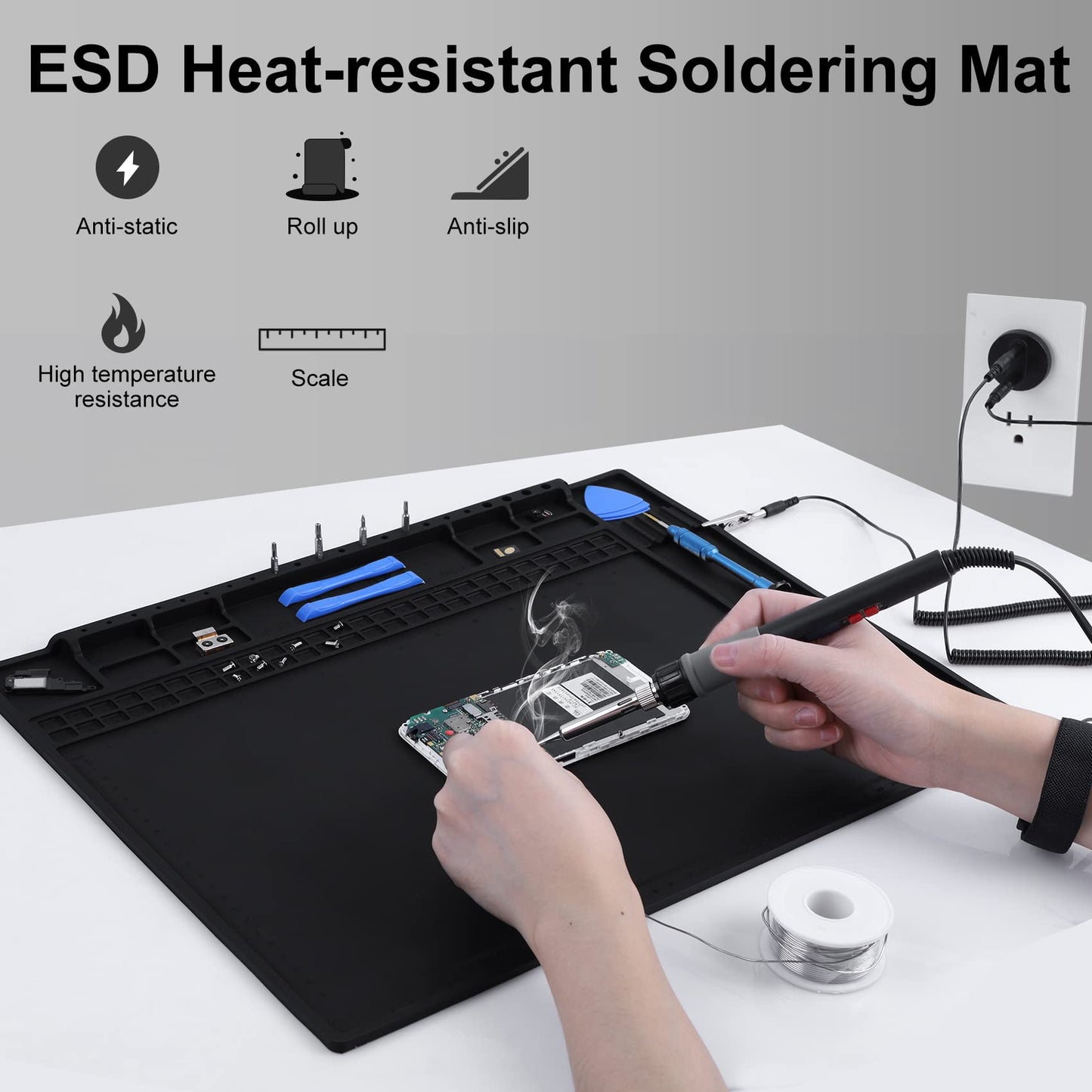 HPFIX Anti Static Mat Includes ESD Wristband and Grounding Wire and Grounding Plug for Electronics Repair, Premium Heat Resistant ESD Safe Soldering Mat (17.7" x 13.6")