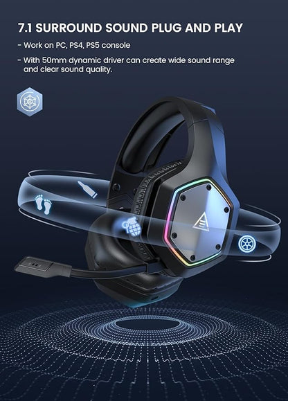 EKSA Wireless Gaming Headset, 2.4GHz USB Gaming Headphones with Microphone for PC, PS5, PS4, Nintendo Switch, 7.1 Surround Sound PC Headset, RGB Light, Ergonomic Design, 3.5mm Wired for Xbox Serie