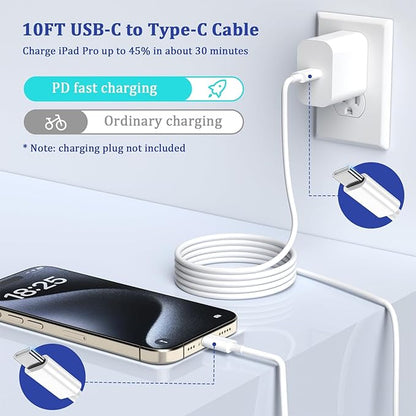 Long USB C Cable 10ft Fast Charging,3Pack 60W Type C to C 10 ft Charger Cord for Apple for iPhone 16/15/15 Pro/Plus/Pro Max,for MacBook Pro/Air,for IPad Air 4/5/Mini 6/Pro Charge 10 feet