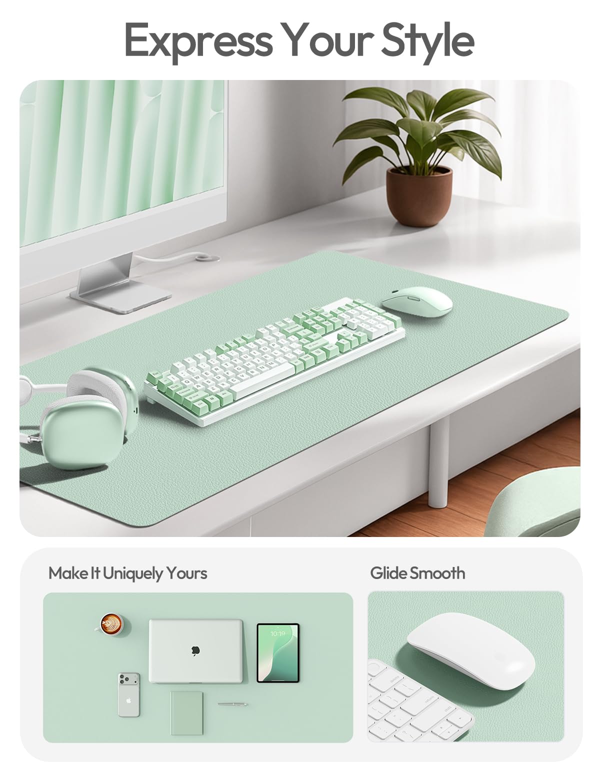 YSAGi Leather Desk Protector, Office Mat, Large Mouse Mat, Non-Slip PU Leather Blotter, Laptop Pad, Waterproof Writing Pad for Office and Home (Pale Green, 23.6" x 13.8")