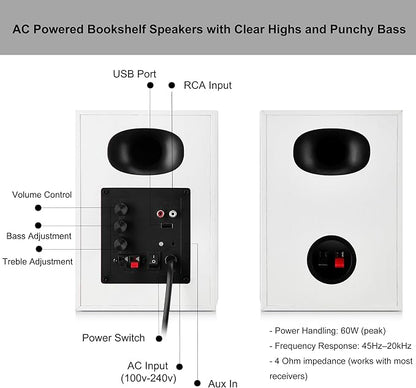 Bookshelf Speakers with Deep Bass, 80W Peak Output Small HiFi Gaming Computer Speakers, 4" Desktop Audio System for Small Home Office Desktop PC, Pair, White